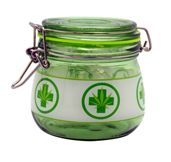 Medical Leaf Glass Jar 4×4.3 Green media