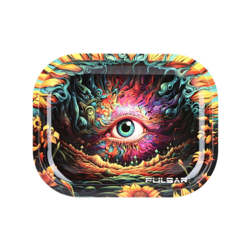 Highlights 7 inches by 5.5 inches Mini rolling tray Sunflower of the Mind design Lightweight aluminum material Rolled edges & raised sides (1 inch deep) Pulsar logo Pulsar Design Series