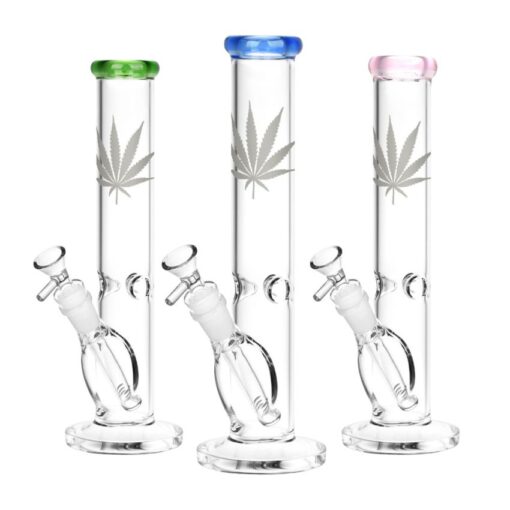 Silver Hemp Leaf Glass Straight Tube Water Pipe | Medium | 11.5″ | 14mm F |